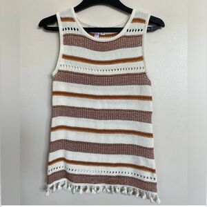 Alya Boho Crocheted sleeveless Brown and Cream Knit Top with fringe NWOT
